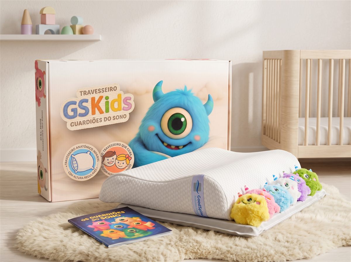 Caixa do GSKids aberta com o travesseiro, o guardião de pelúcia e o livro de histórias